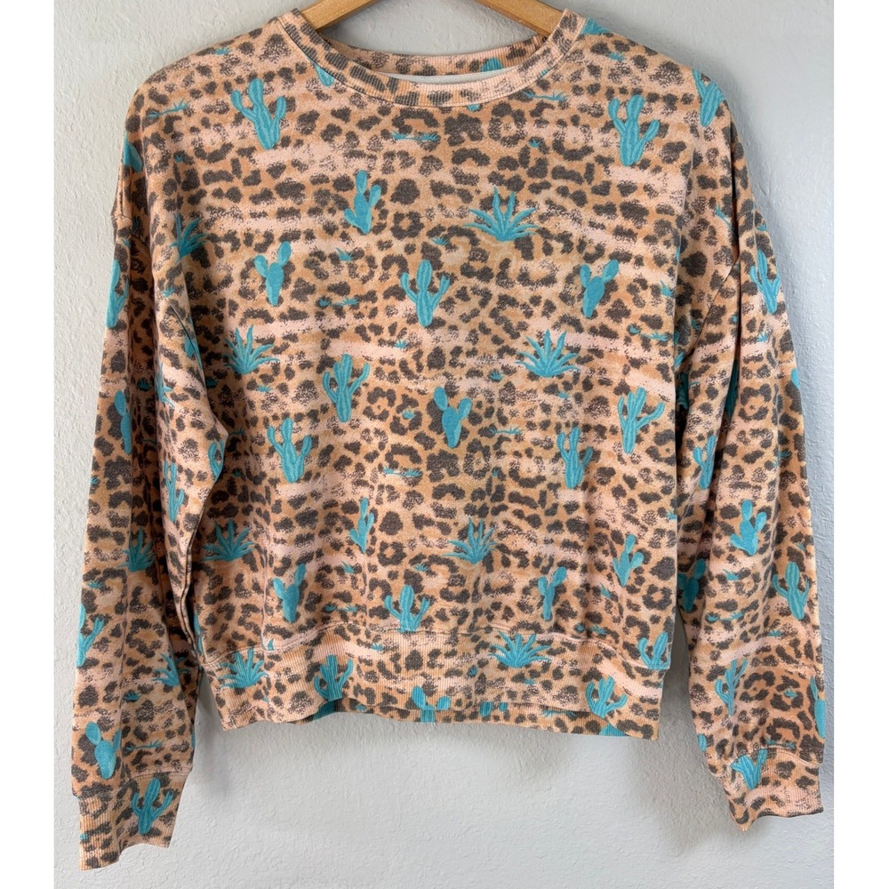 NWOT Rock & Roll Denim Womens Leopard Cactus Sweatshirt M Western Boho Pullover